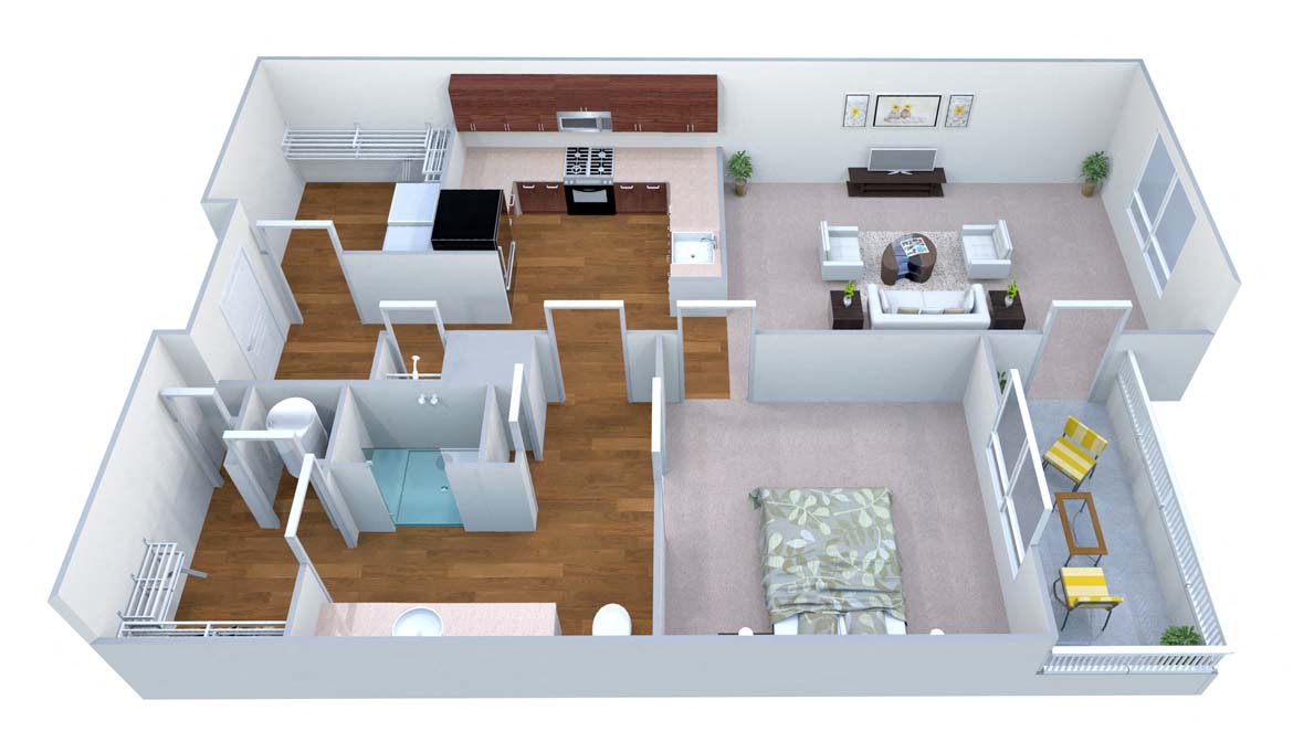 Floor plan for 1 bed, 1 bath, 750 sqft